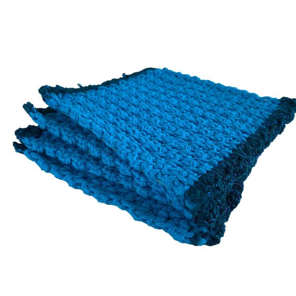 Mug Rugs Handmade Crochet Turquoise Blue Cotton Glitter Edging Set of 4 Coasters - Picture 7 of 10